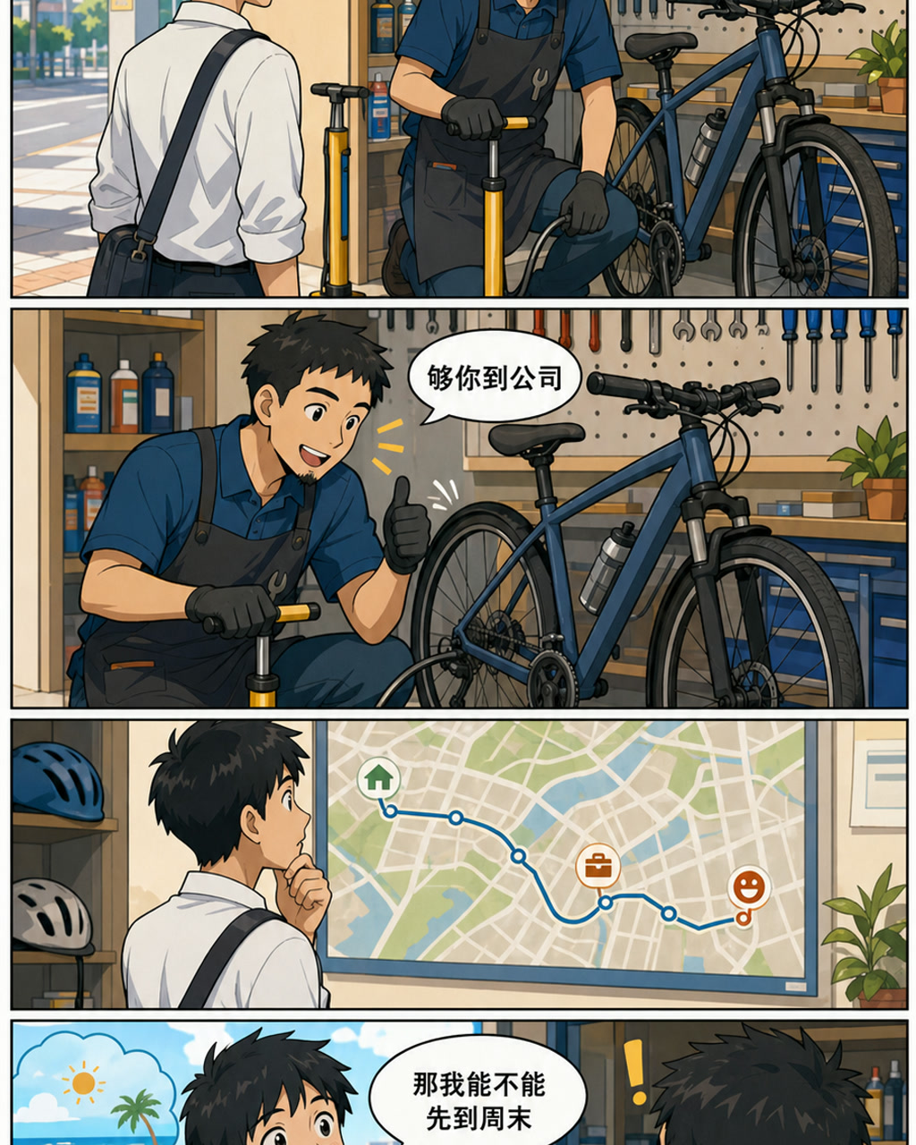 单车店打气漫画，原创漫画风格样本，包含清晰漫画版式、角色动作和可见中文标题。