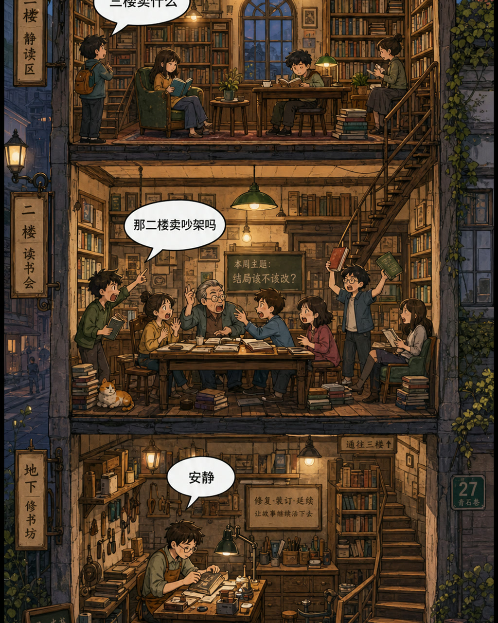 书店剖面楼层漫画，原创漫画风格样本，包含清晰漫画版式、角色动作和可见中文标题。