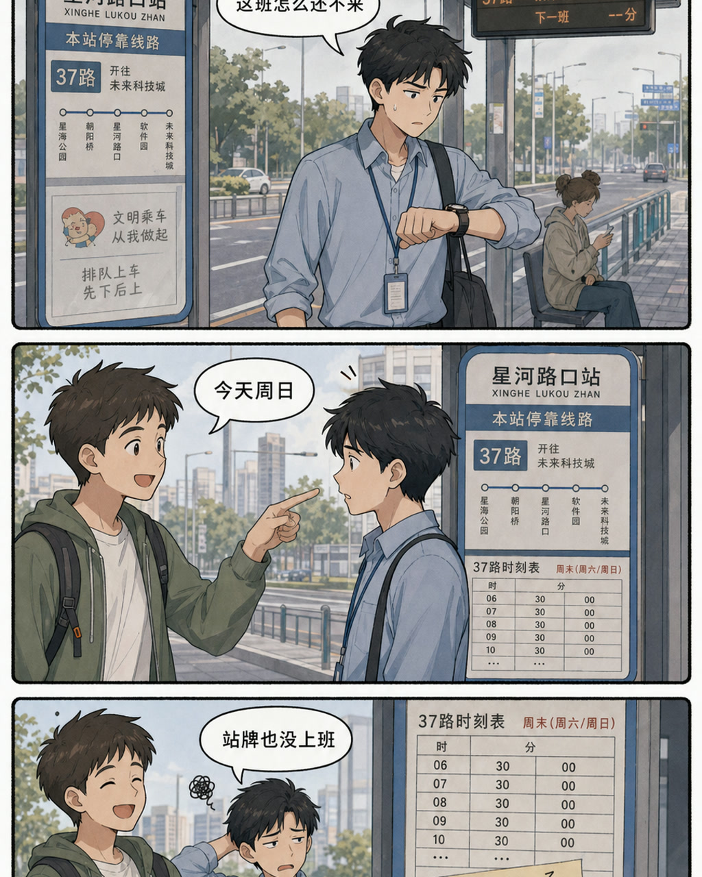 公交站错周漫画，原创漫画风格样本，包含清晰漫画版式、角色动作和可见中文标题。