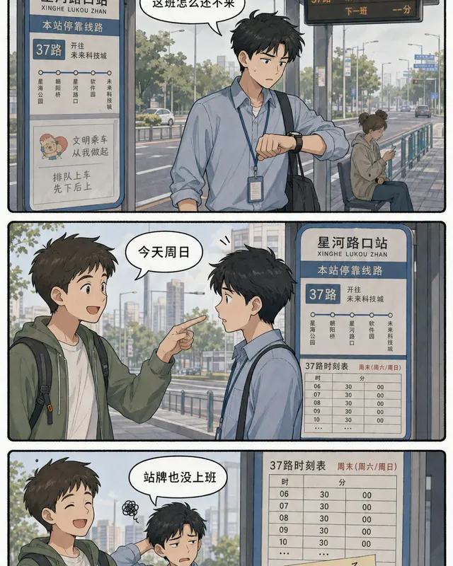 Wrong Week Bus Stop Comic, an original comic style sample with visible layout, character action, and readable lettering.