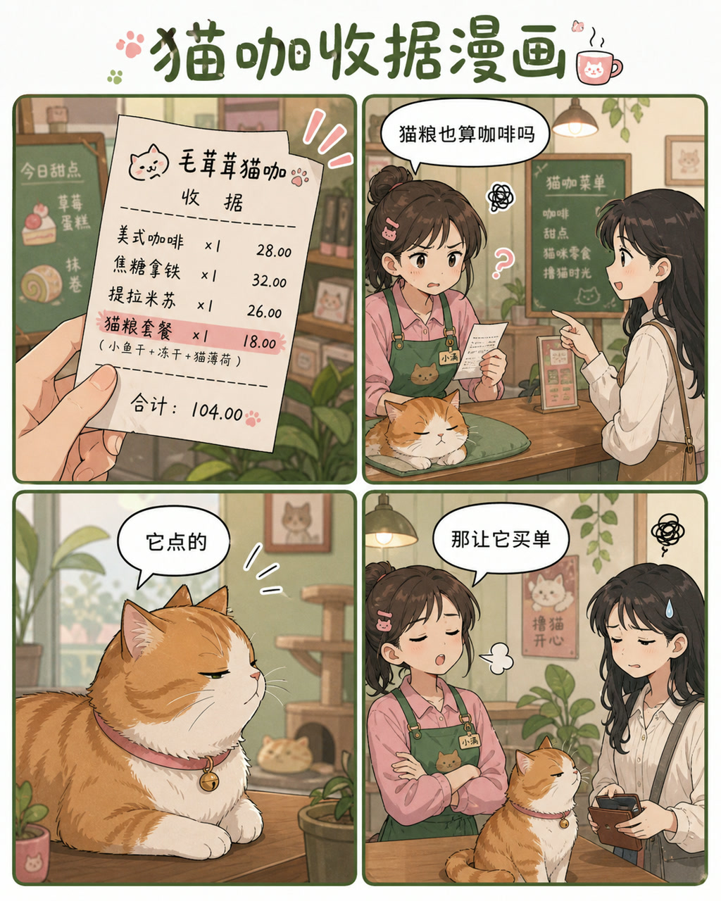 猫咖收据漫画，原创漫画风格样本，包含清晰漫画版式、角色动作和可见中文标题。