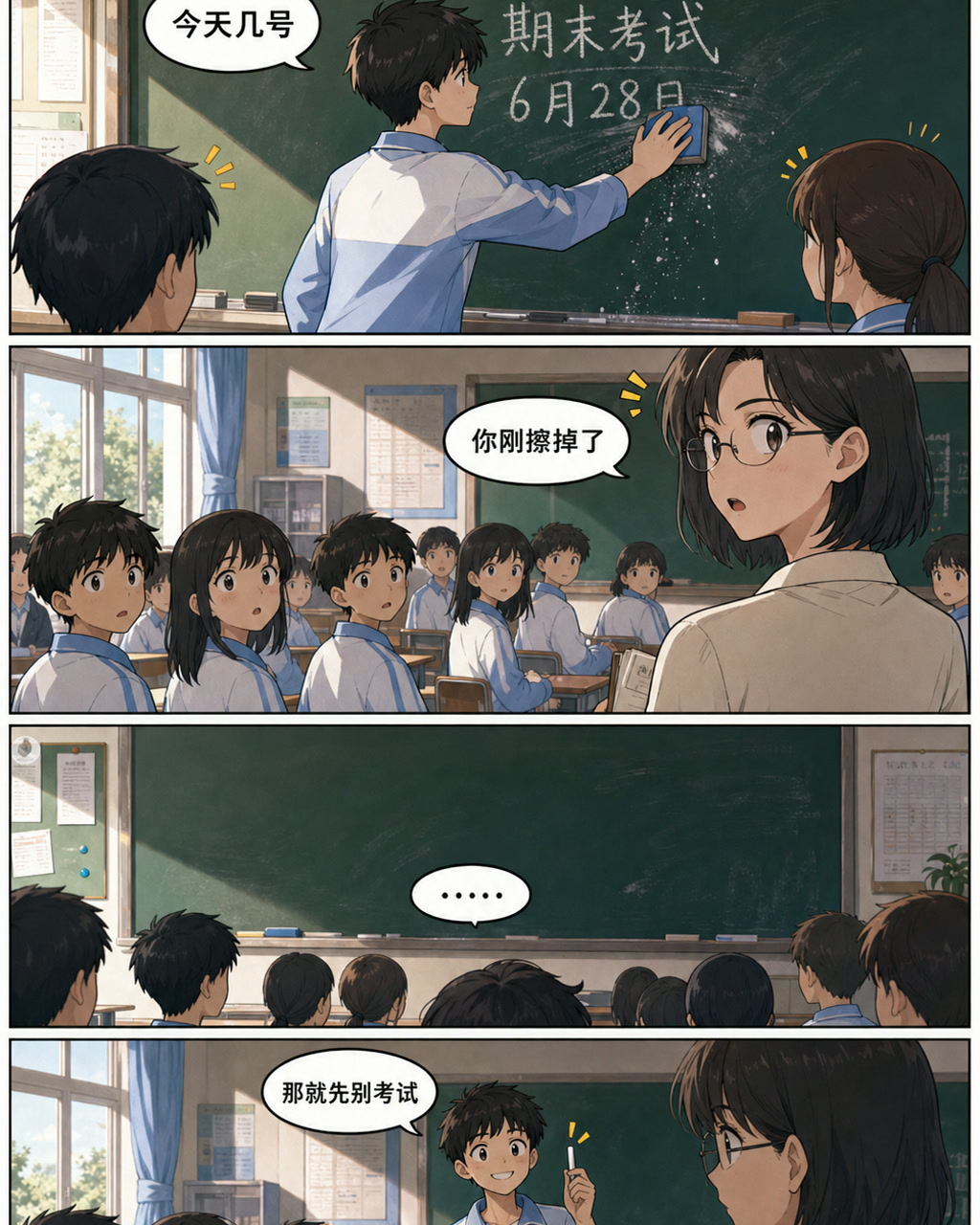 教室日期擦掉漫画，原创漫画风格样本，包含清晰漫画版式、角色动作和可见中文标题。