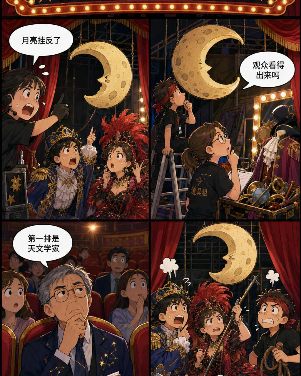 后台月亮道具漫画，原创漫画风格样本，包含清晰漫画版式、角色动作和可见中文标题。