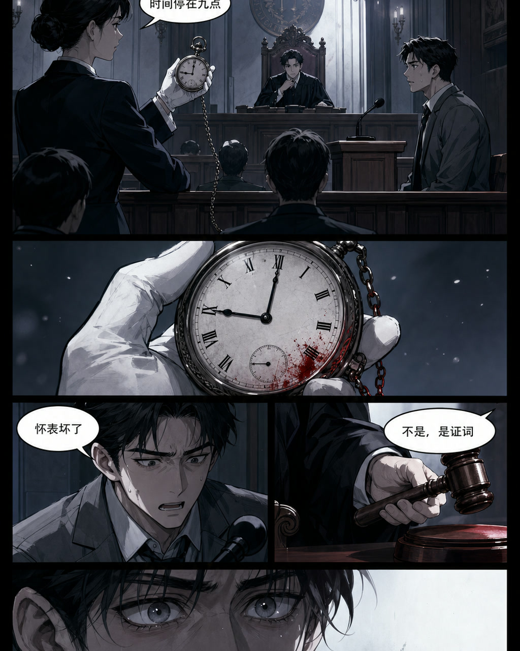 法庭怀表证词漫画，原创漫画风格样本，包含清晰漫画版式、角色动作和可见中文标题。