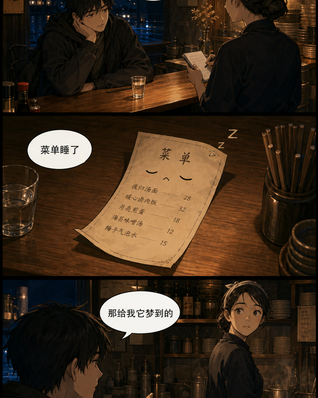 午夜餐馆点单漫画，原创漫画风格样本，包含清晰漫画版式、角色动作和可见中文标题。