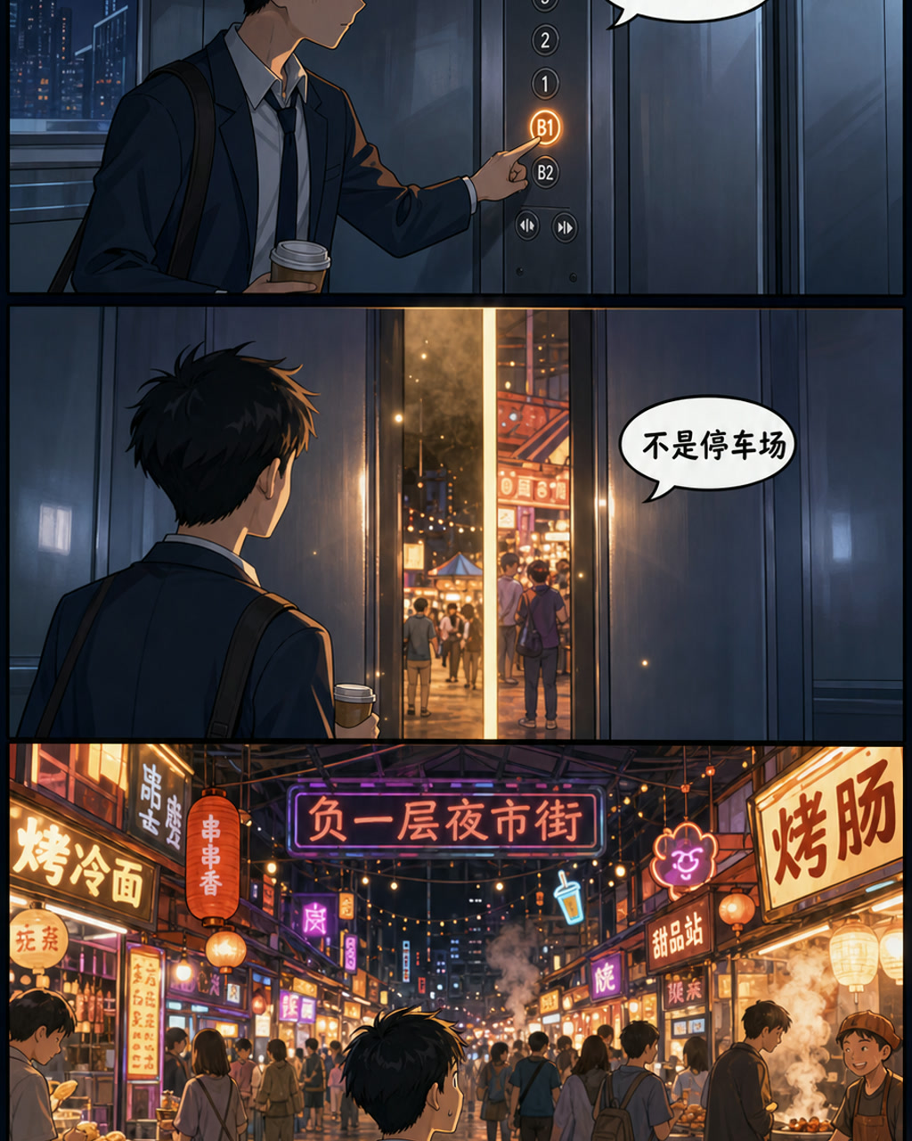 电梯负一层夜市漫画，原创漫画风格样本，包含清晰漫画版式、角色动作和可见中文标题。