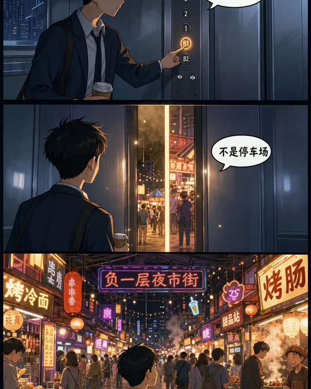 Basement Market Elevator Comic, an original comic style sample with visible layout, character action, and readable lettering.