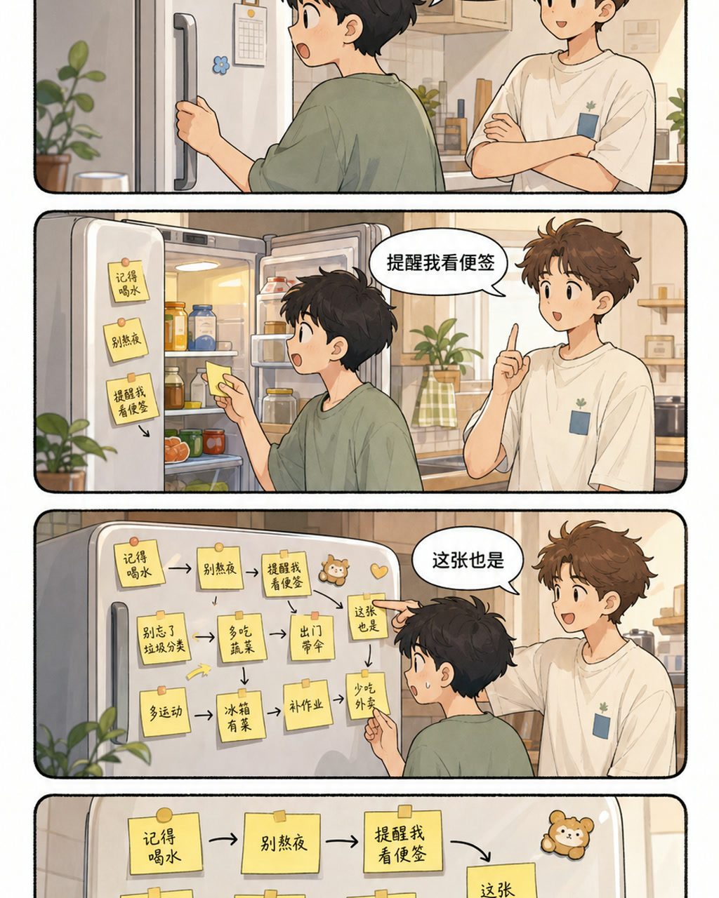 冰箱便签循环漫画，原创漫画风格样本，包含清晰漫画版式、角色动作和可见中文标题。