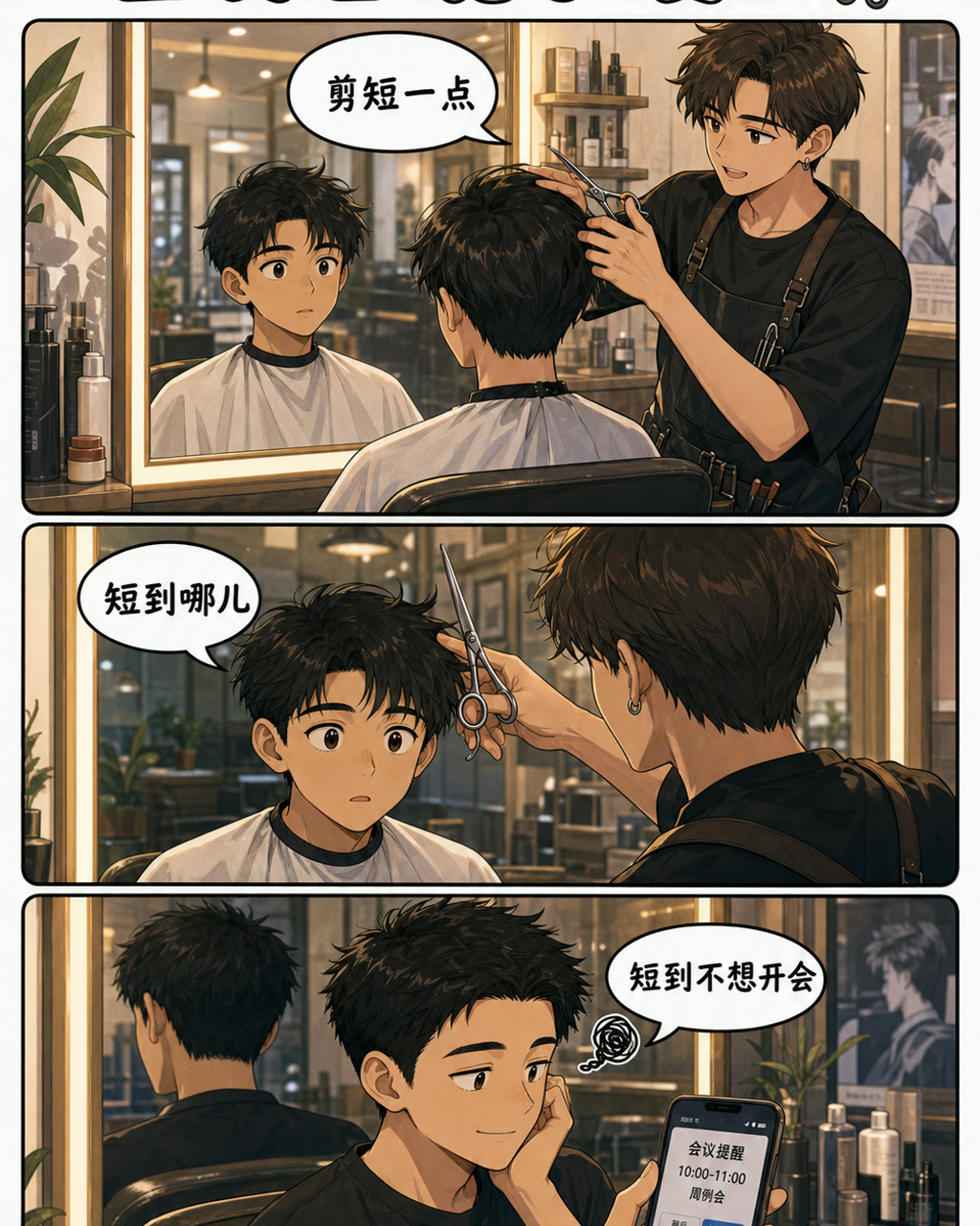 理发店镜子漫画，原创漫画风格样本，包含清晰漫画版式、角色动作和可见中文标题。