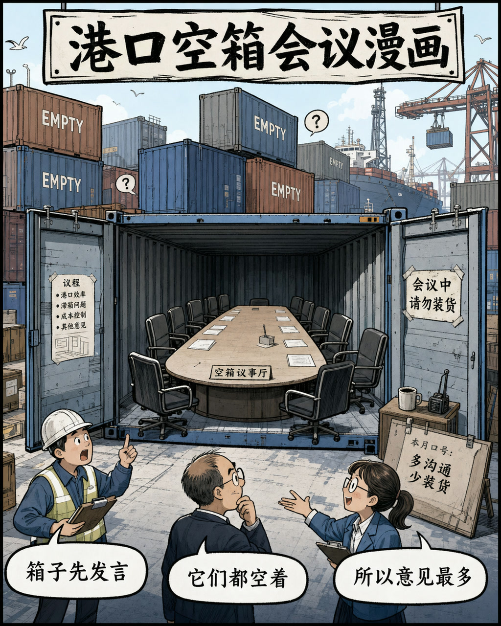 港口空箱会议漫画，原创漫画风格样本，包含清晰漫画版式、角色动作和可见中文标题。
