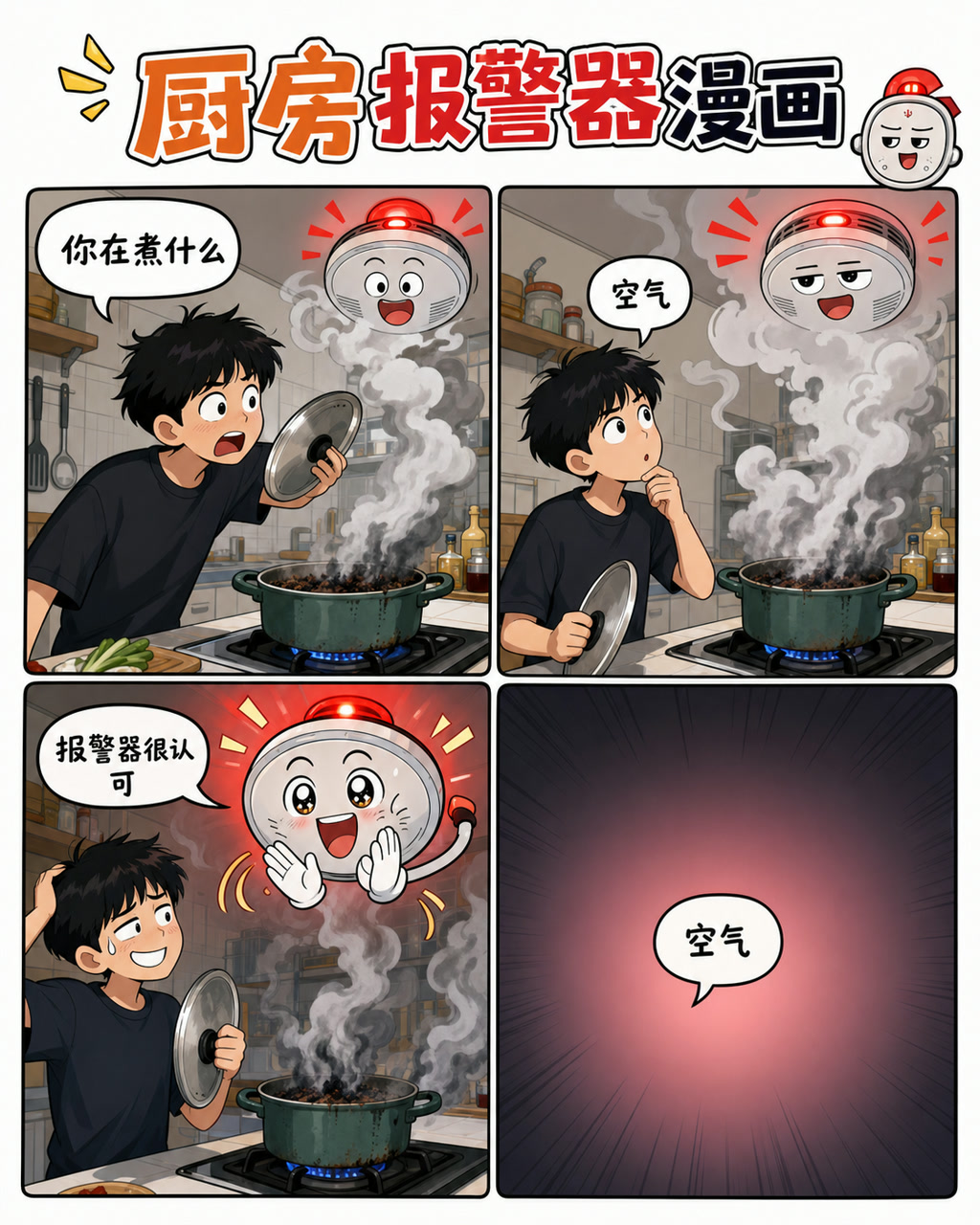 厨房报警器漫画，原创漫画风格样本，包含清晰漫画版式、角色动作和可见中文标题。
