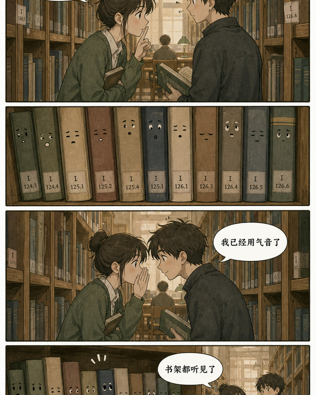 图书馆悄悄话漫画，原创漫画风格样本，包含清晰漫画版式、角色动作和可见中文标题。