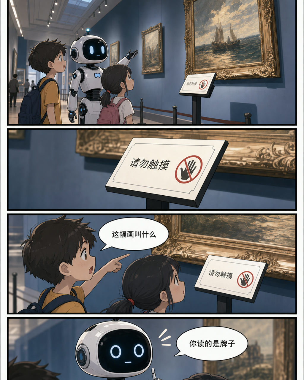 博物馆机器人导览漫画，原创漫画风格样本，包含清晰漫画版式、角色动作和可见中文标题。