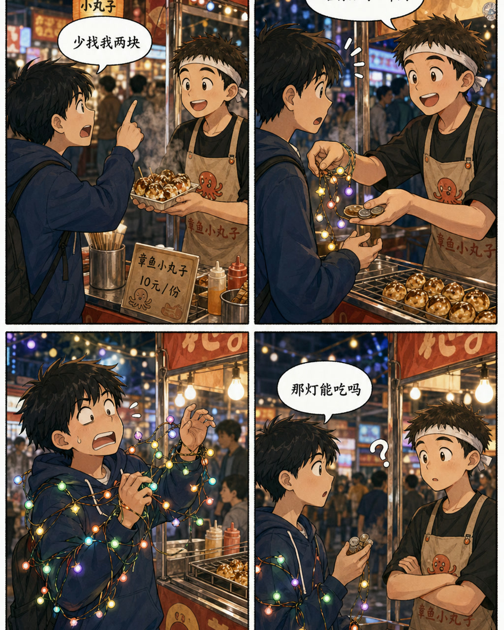 夜市找零漫画，原创漫画风格样本，包含清晰漫画版式、角色动作和可见中文标题。