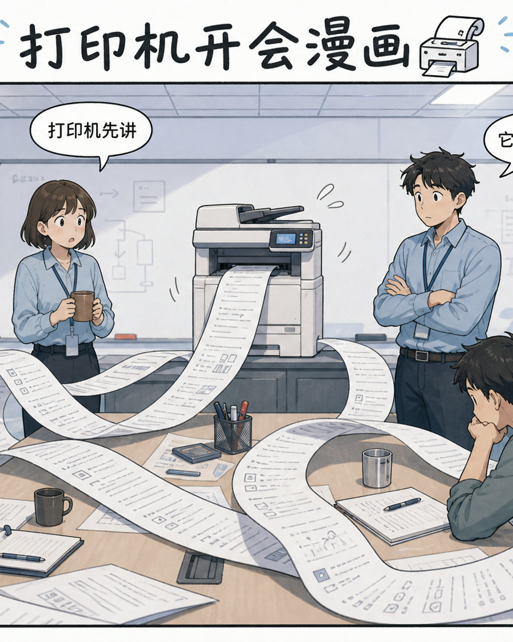 打印机开会漫画，原创漫画风格样本，包含清晰漫画版式、角色动作和可见中文标题。