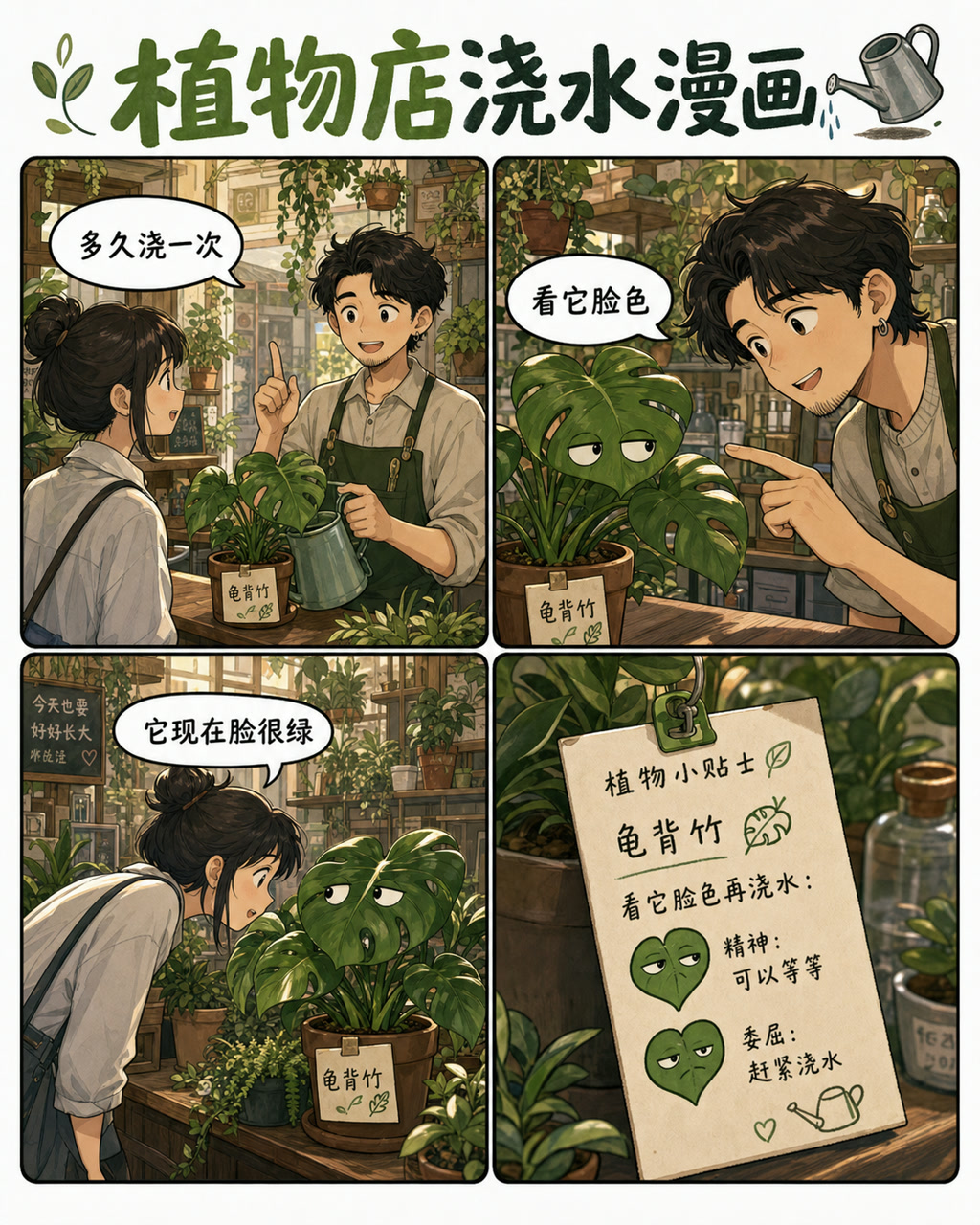 植物店浇水漫画，原创漫画风格样本，包含清晰漫画版式、角色动作和可见中文标题。