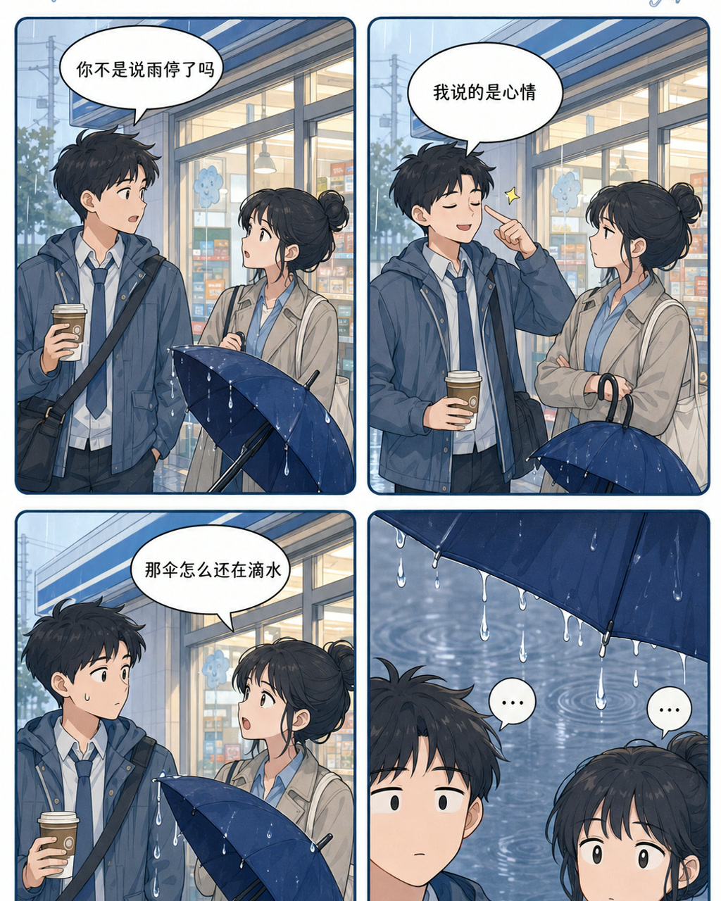 雨伞误会四格漫画，原创漫画风格样本，包含清晰漫画版式、角色动作和可见中文标题。