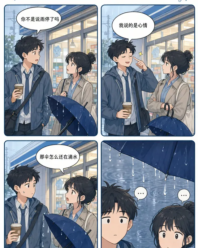 Rainy Umbrella Four Panel, an original comic style sample with visible layout, character action, and readable lettering.