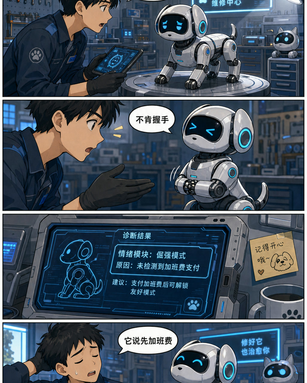 机器人宠物维修漫画，原创漫画风格样本，包含清晰漫画版式、角色动作和可见中文标题。