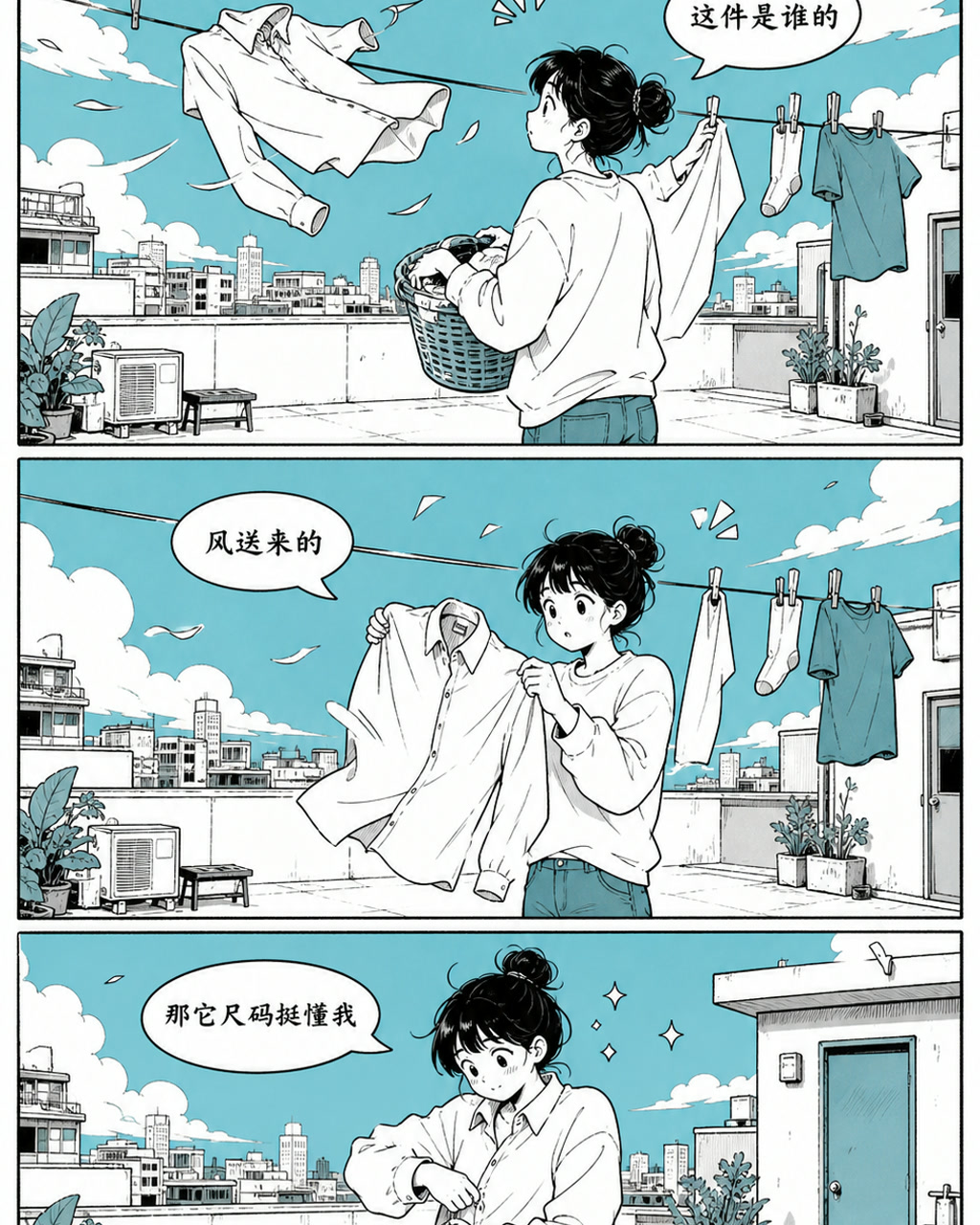屋顶晾衣风漫画，原创漫画风格样本，包含清晰漫画版式、角色动作和可见中文标题。