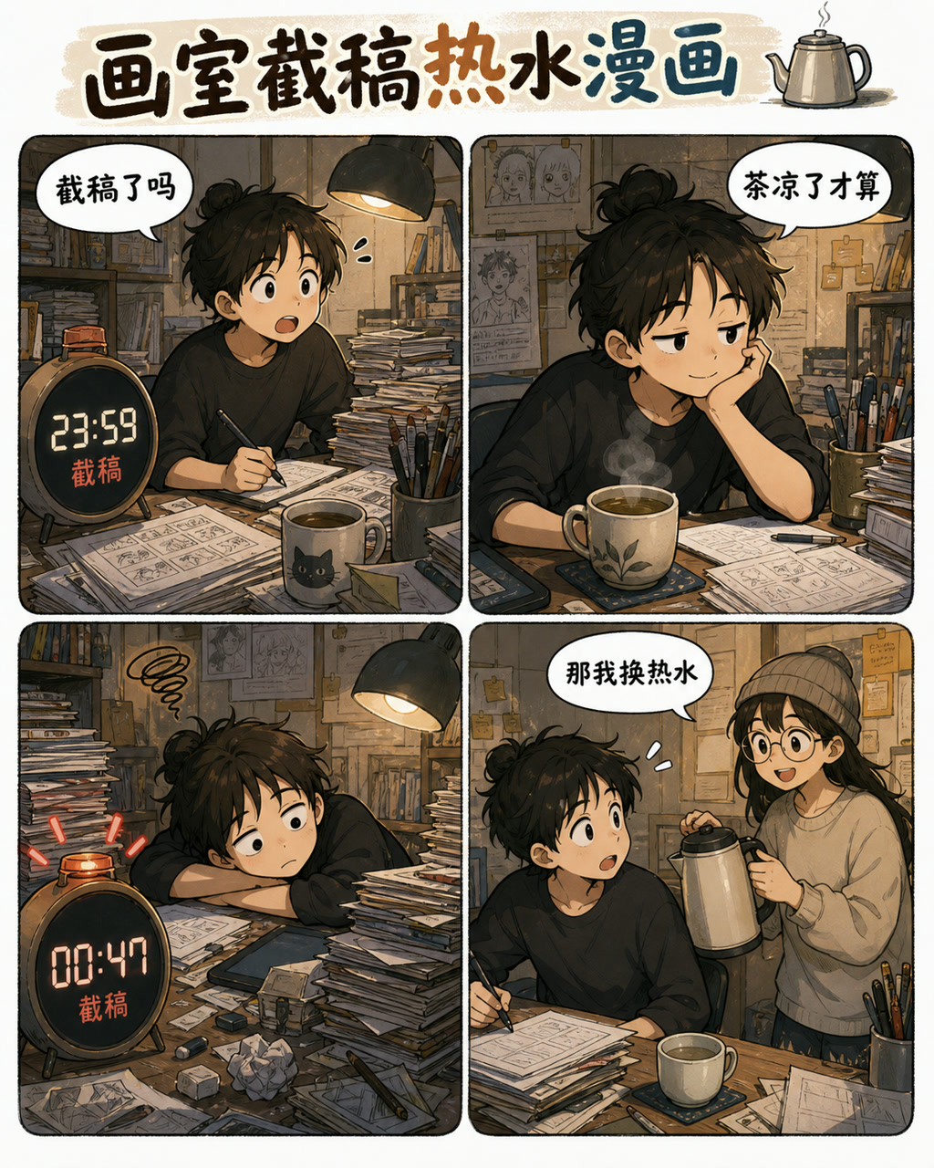 画室截稿热水漫画，原创漫画风格样本，包含清晰漫画版式、角色动作和可见中文标题。
