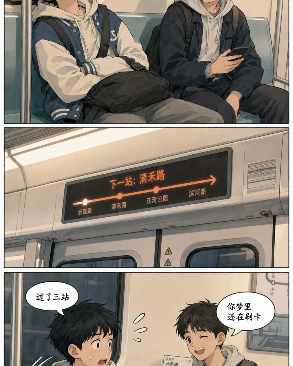 地铁坐过站漫画，原创漫画风格样本，包含清晰漫画版式、角色动作和可见中文标题。