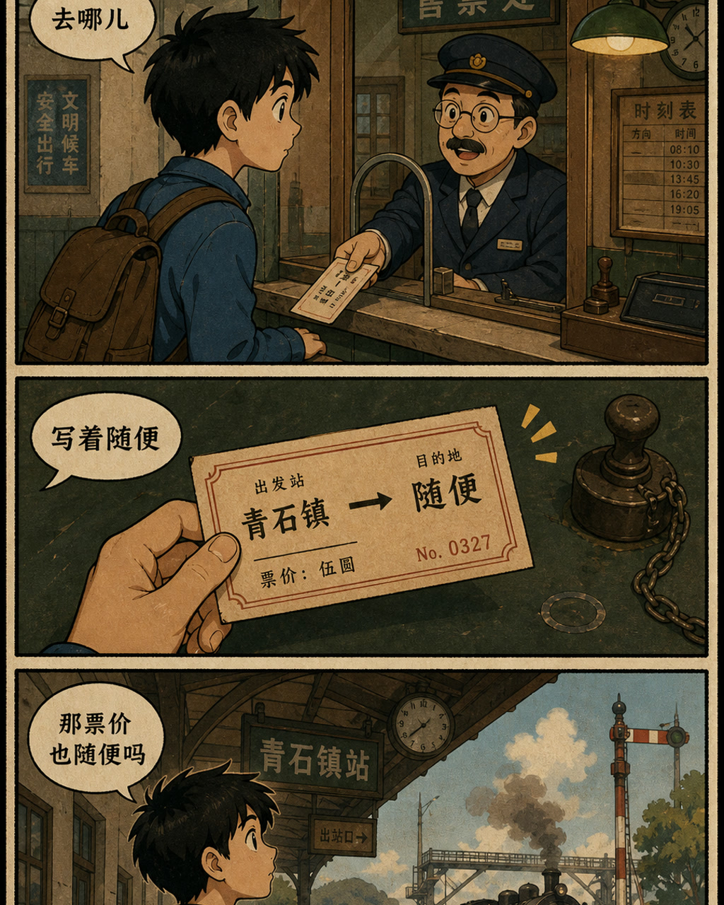 车站随便车票漫画，原创漫画风格样本，包含清晰漫画版式、角色动作和可见中文标题。