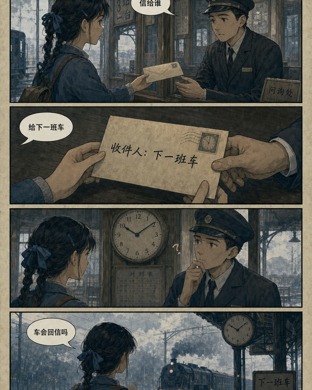 站台信封漫画，原创漫画风格样本，包含清晰漫画版式、角色动作和可见中文标题。