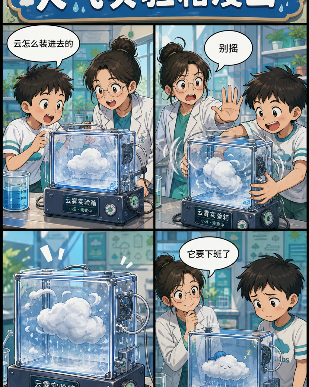 天气实验箱漫画，原创漫画风格样本，包含清晰漫画版式、角色动作和可见中文标题。