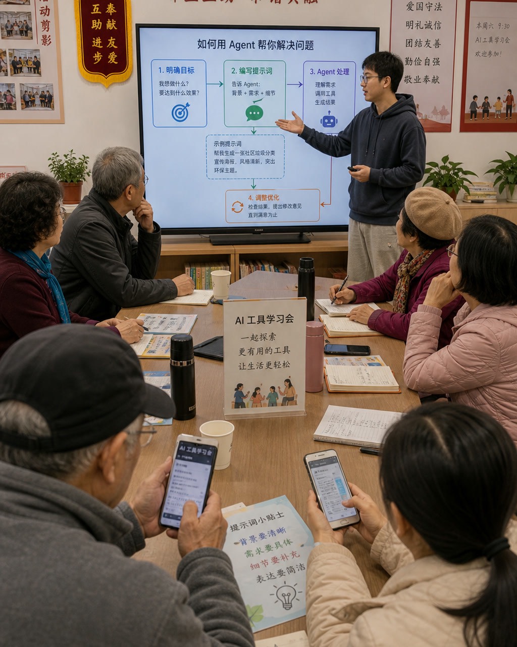 社区 Agent 工具学习会案例图，社区活动室，几位不同年龄居民围着长桌学习把提示词发给 Agent 工具，屏幕显示简洁流程图，桌上有保温杯、纸笔和手机。