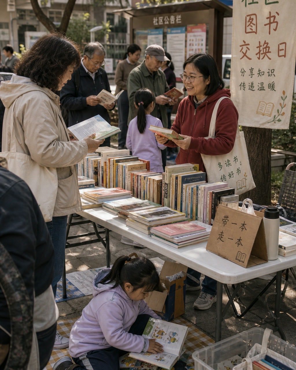 社区图书交换日案例图，社区图书交换活动，居民把旧书摆在折叠桌上互相推荐，书名不可读，孩子坐地上翻书，自然光。