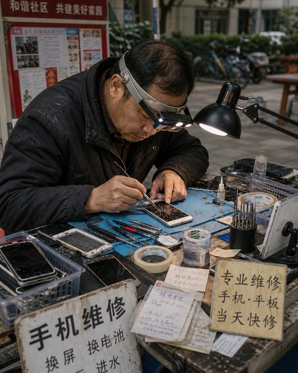 社区维修摊手机屏幕案例图，社区门口手机维修摊，师傅戴放大镜修复碎屏手机，桌上螺丝、胶带、旧收据和小灯杂乱但真实。