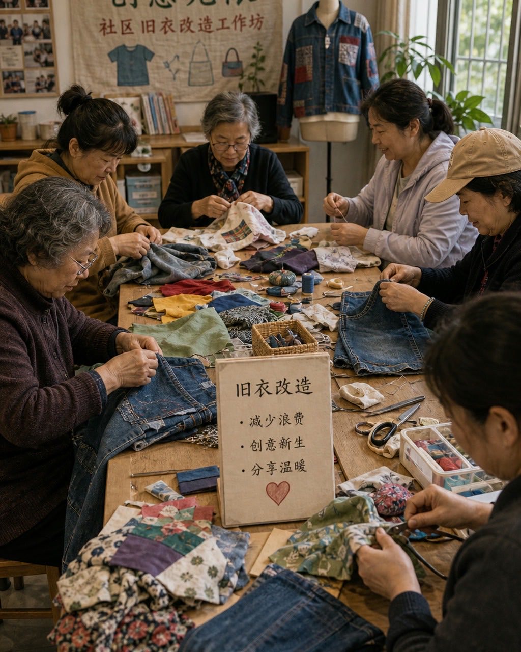 社区旧衣改造工作坊案例图，社区旧衣改造工作坊，居民围坐在长桌前拆线、剪布、缝补，桌面有彩色布料、旧牛仔和剪刀，真实协作。