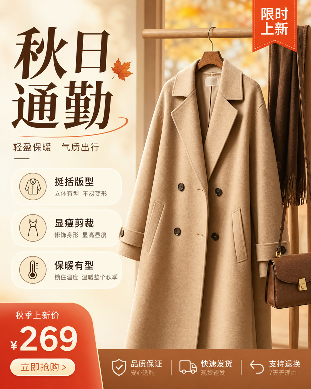 通勤大衣秋季促销图，主文案为「秋日通勤」，卖点为「挺括版型、显瘦剪裁、保暖有型」。