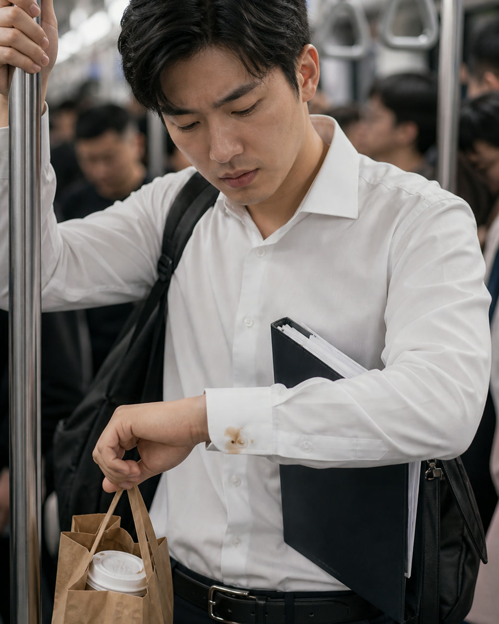通勤袖口咖啡渍案例图，早高峰地铁扶手旁，白衬衫袖口有小块咖啡渍，手里握着文件夹和早餐袋，车厢背景虚化，无品牌标识。