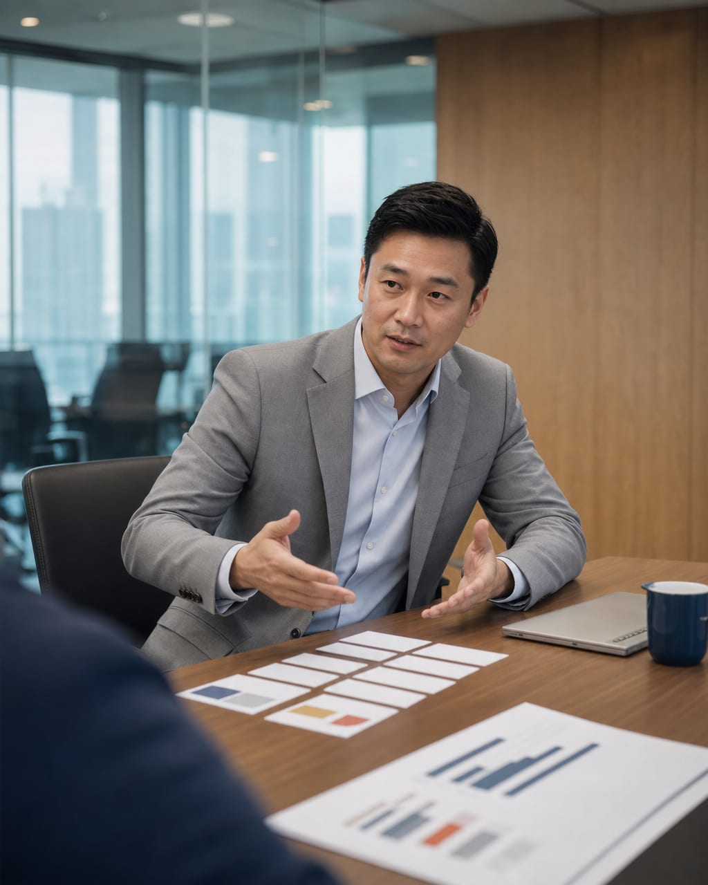咨询顾问商务照：会议桌、笔记本和都市景观，突出理性分析和专业表达。
