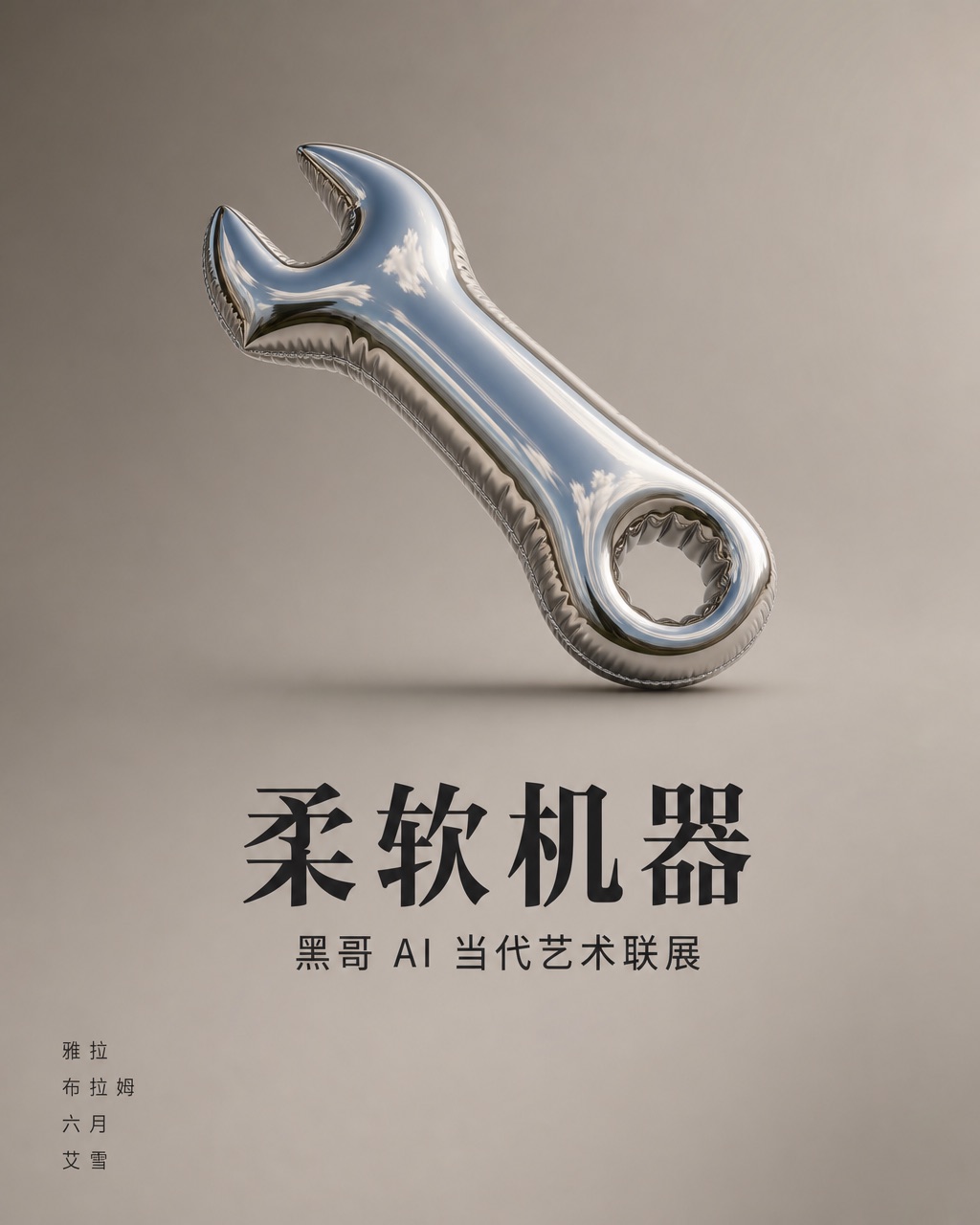 灰褐方海报：镀铬柔软扳手悬浮，下方堆叠标题 SOFT / MACHINES，左下角艺术家名单。