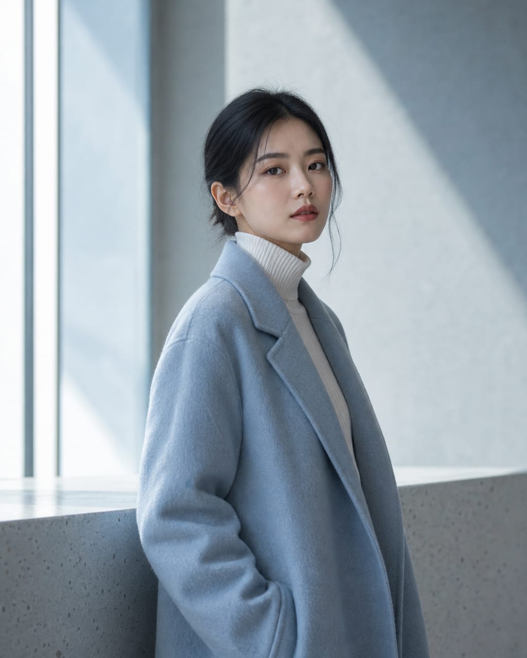 清冷感女性肖像：冷色背景、简洁造型和留白构图，强调疏离与气质。