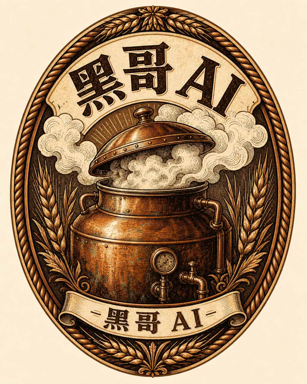 Copperkettle Brewing Co. 复古椭圆徽章，绳边与麦穗装饰，手雕铜壶图案，琥珀奶油铜色配色。