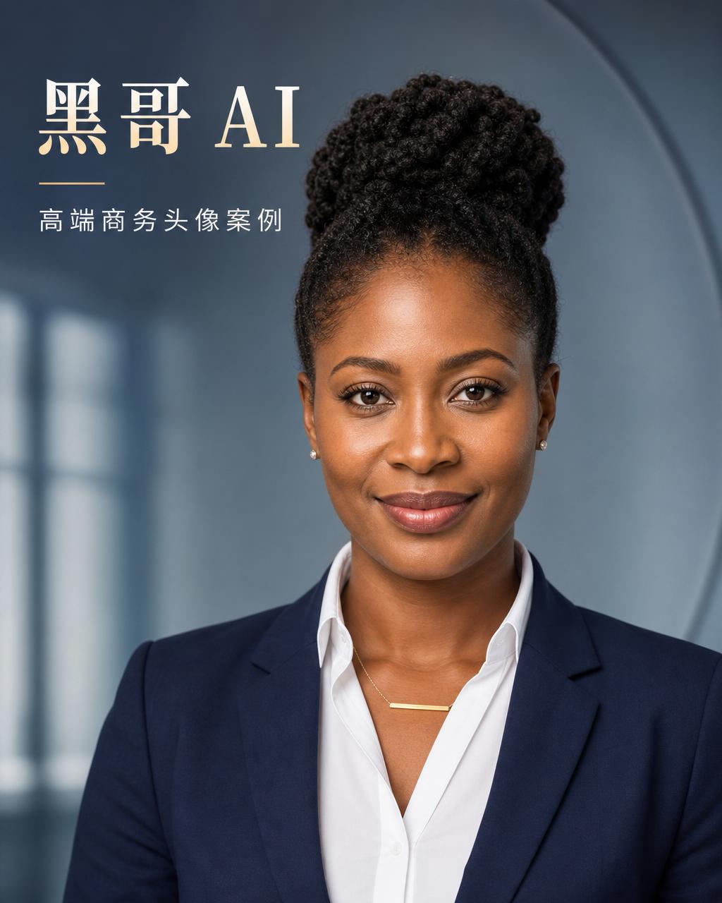 35 岁尼日利亚女性清爽现代商务头像，天然卷发盘髻，海军蓝西装，雾霾蓝背景。
