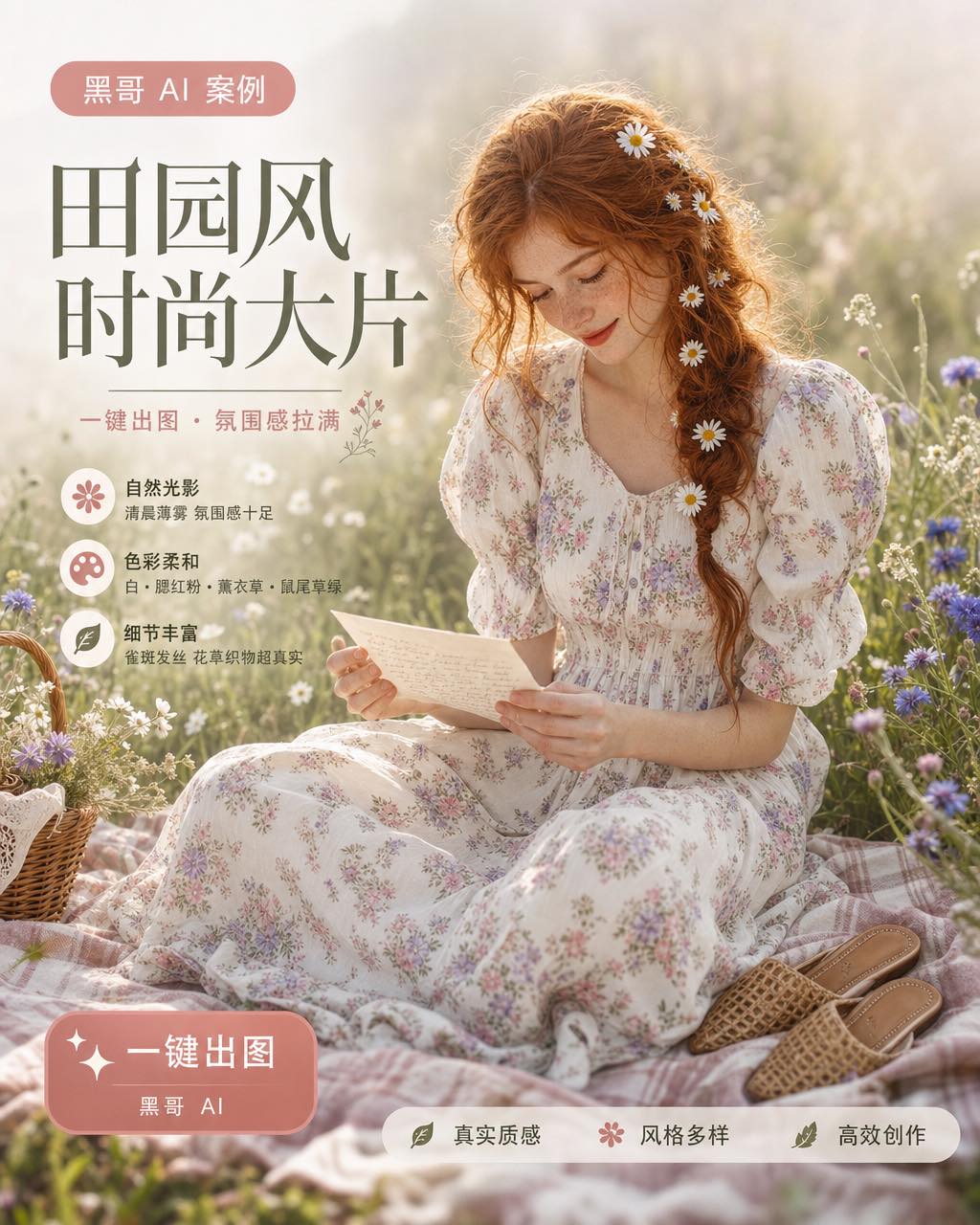 A freckled redhead woman in a voluminous ditsy-floral midi dress sits cross-legged on a picnic blanket in a wildflower meadow holding a handwritten letter.