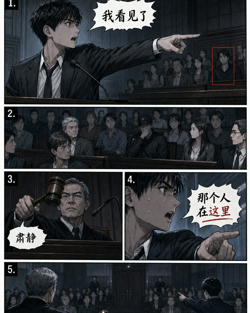 悬疑法庭证人漫画，原创漫画风格样本，包含清晰漫画版式、角色动作和可见中文标题。