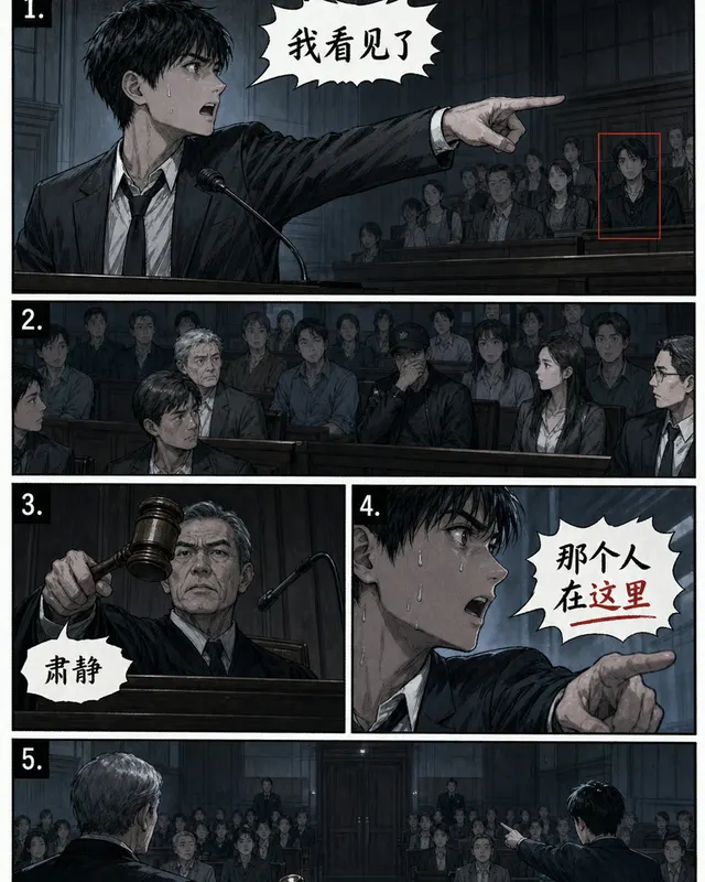Courtroom Suspense Comic Witness, an original comic style sample with visible layout, character action, and readable lettering.