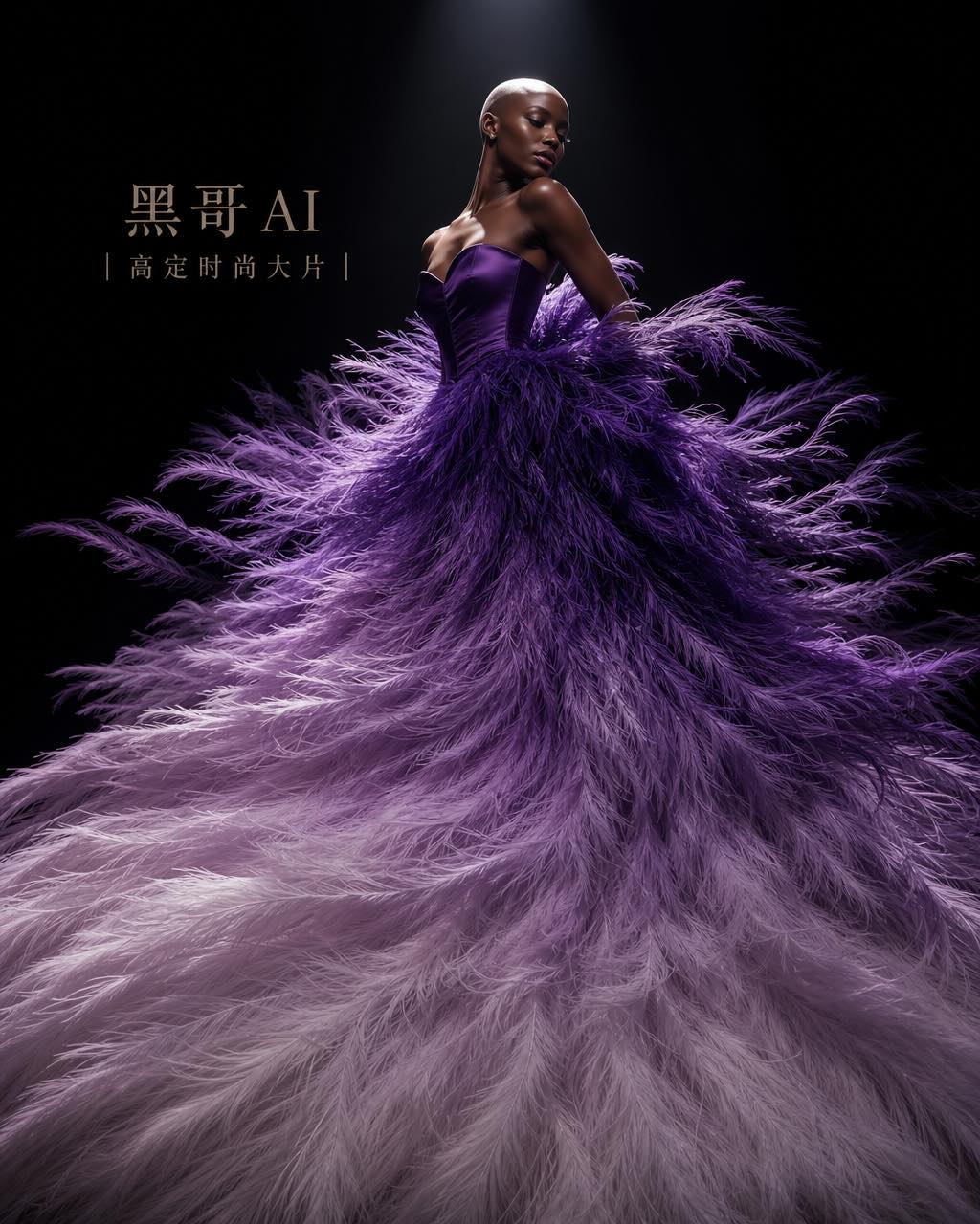 剃头黑人女性穿着由紫水晶至近白渐变鸵鸟羽毛球形礼服，在纯黑摄影棚单束皇冠射灯下被抓拍于转身动态中。