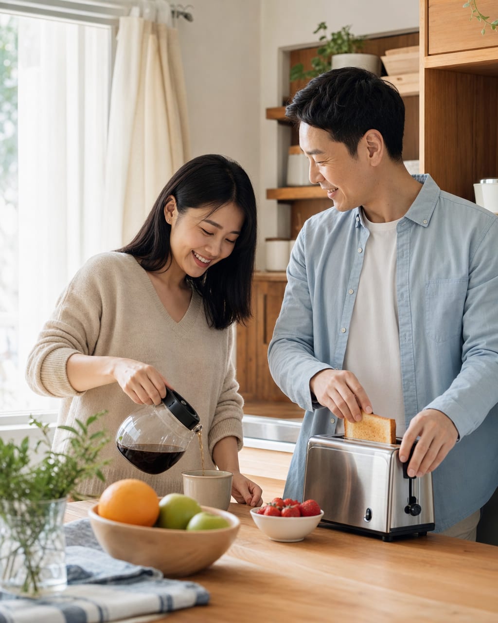 情侣居家生活照：沙发、厨房或窗边互动，强调真实、温暖和陪伴。