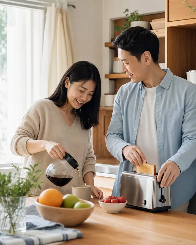 情侣居家生活照:沙发、厨房或窗边互动,强调真实、温暖和陪伴。