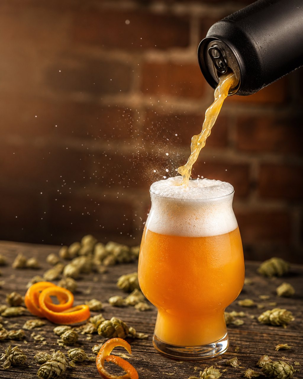 哑光黑色精酿啤酒罐将雾浊琥珀色 IPA 倒入郁金香杯，空中可见泡沫轨迹，回收木板衬底。