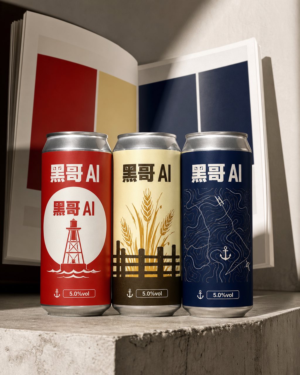 三只精酿啤酒罐：红、黄、海军蓝，配统一字标，身后摆品牌手册。