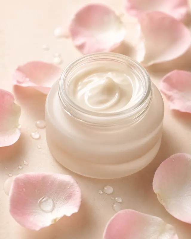 White frosted face cream jar surrounded by blush rose petals on a pale peach plaster surface, with a single white rose bud in the upper corner.