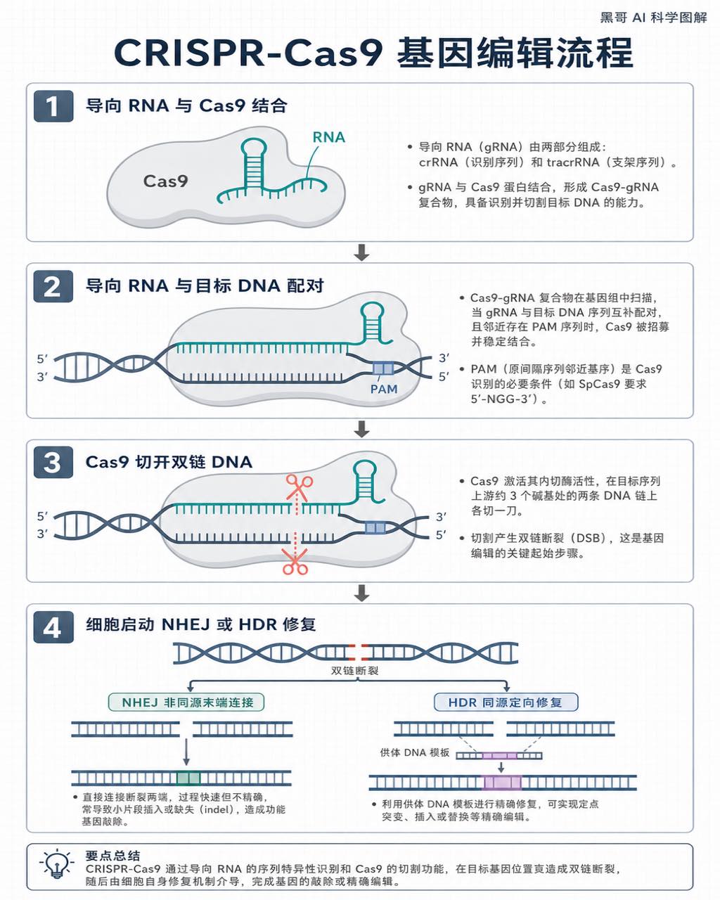 白色背景四步骤 CRISPR-Cas9 示意图，呈现导向 RNA 结合、DNA 靶向、双链切割及两条修复通路，风格简洁符合期刊规范。